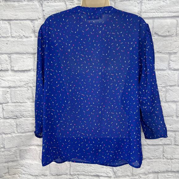 Vintage Josephine Blouse 3/4 Sleeve Blue Dot Size 14 Shoulder Button Detail - Picture 2 of 5